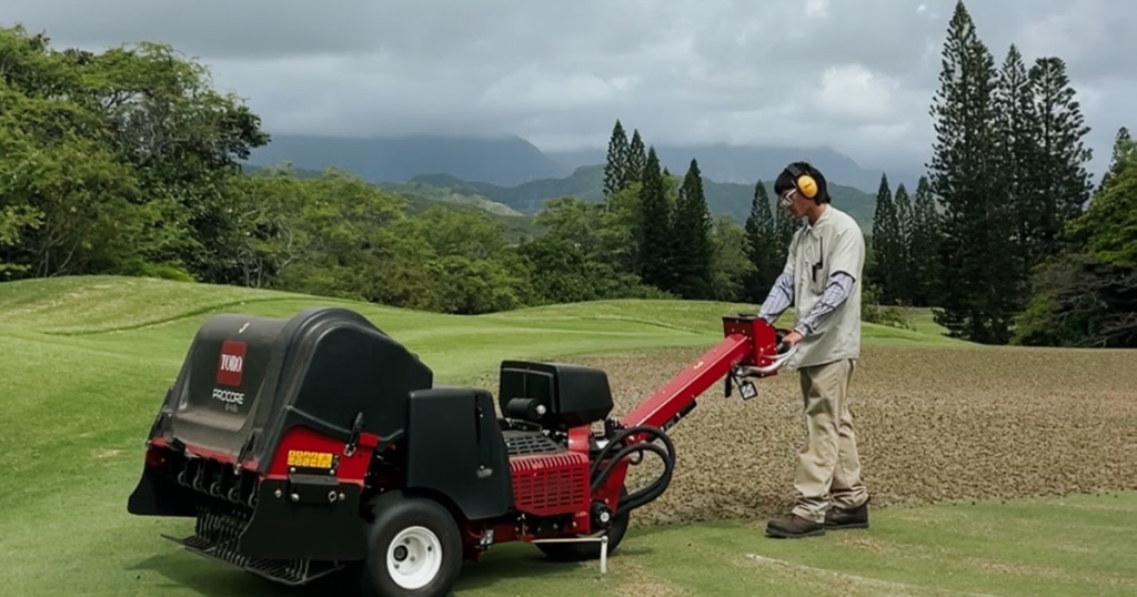 Course Maintenance Team working on the turf with hand-pushed equipment at Mid-Pacific Country Club