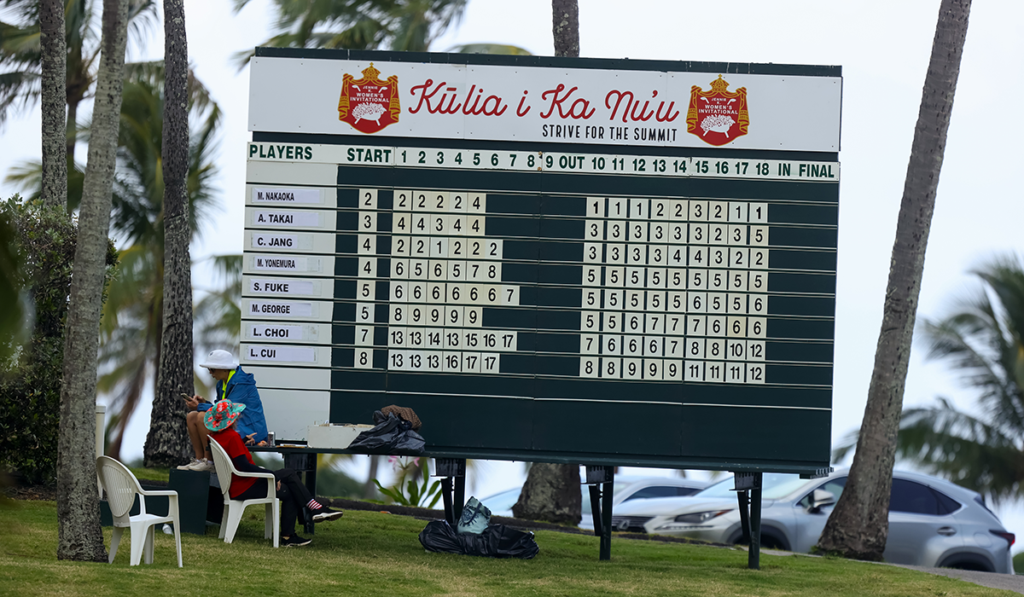 Jennie K. Wilson Invitational Scoreboard surrounded by palm trees